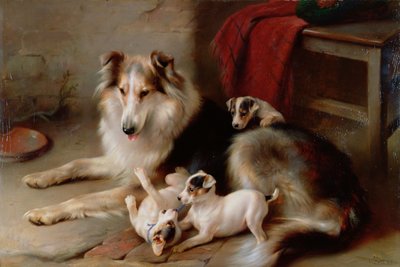 Collie ze szczeniętami Fox Terriera, 1913 autorstwa Walter Hunt