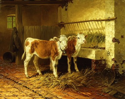 Dwa cielęta w stodole autorstwa Walter Hunt
