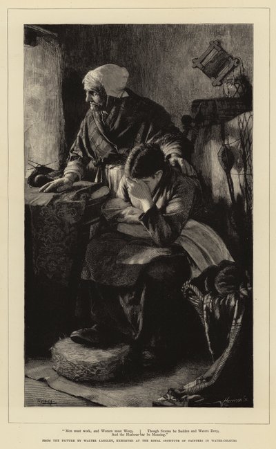 Mężczyźni muszą pracować, a kobiety muszą płakać, choć burze są nagłe i wody głębokie, a bar portowy jęczy. autorstwa Walter Langley
