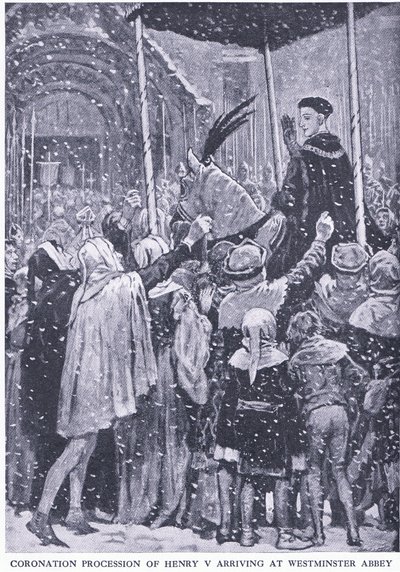Korowód koronacyjny Henryka V przybywający do Opactwa Westminsterskiego 1413, z Cassells History of the British People opublikowanej przez Waverley Book Company Limited, ok. 1940 r. autorstwa Walter Paget