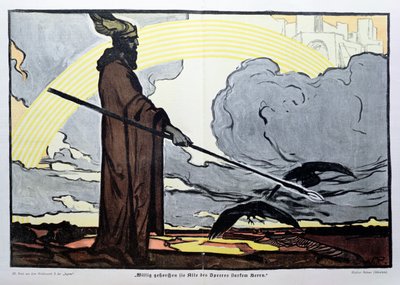 Odyn ze swoimi dwoma krukami, Huginem (myśl) i Muninem (pamięć). autorstwa Walter Puttner