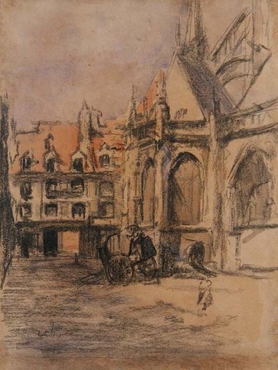 Rue Sainte Catherine i stare arkady, Dieppe, ok. 1900 (węgiel i akwarela) autorstwa Walter Richard Sickert