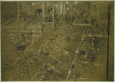 Studium dla publiczności do „The Old Middlesex” c.1906-07 (brązowo-biała kredka, długopis i czarny tusz na brązowym papierze) autorstwa Walter Richard Sickert