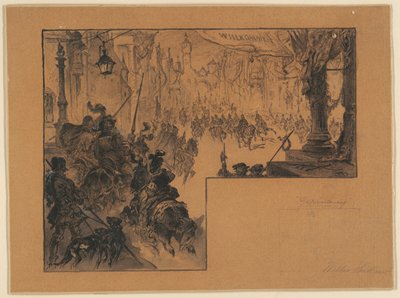 Ilustracja przedstawiająca triumfalny powrót armii niemieckiej po wojnie niemiecko-francuskiej autorstwa Walter Shirlaw
