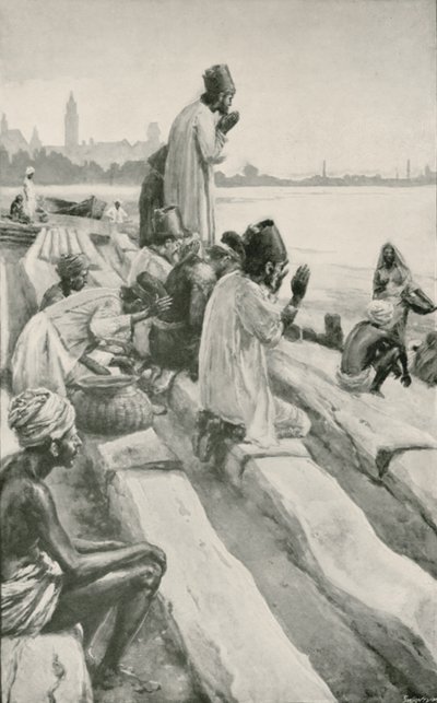 Parsis wielbi wschodzące słońce na plaży w Bombaju autorstwa Walter Stanley Paget