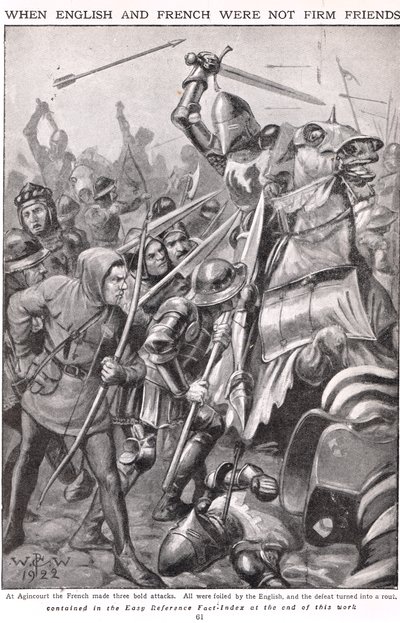 Kiedy Francuzi i Anglicy walczyli w Agincourt, ilustracja „Newnes Pictorial Book of Knowledge”, c.1920 autorstwa Walter Stanley Paget
