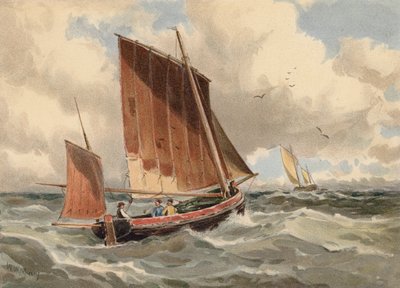 Francuski lugger stojący na morzu (kolorowa litografia) autorstwa Walter William May