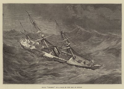 HMS Pilny podczas wichury w Zatoce Biskajskiej autorstwa Walter William May