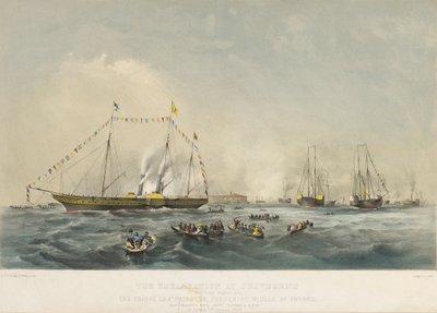 Zaokrętowanie księcia pruskiego Fryderyka Wilhelma IV (1795-1861) i jego żony Elżbiety Bawarskiej (1801-1873) na pokładzie statku Victoria and Albert w Gravesend, Anglia, 2 lutego. autorstwa Walter William May