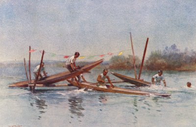 Nowa Zelandia: Wyścig z przeszkodami kajakowymi (kolorowa litografia) autorstwa Walter Wright