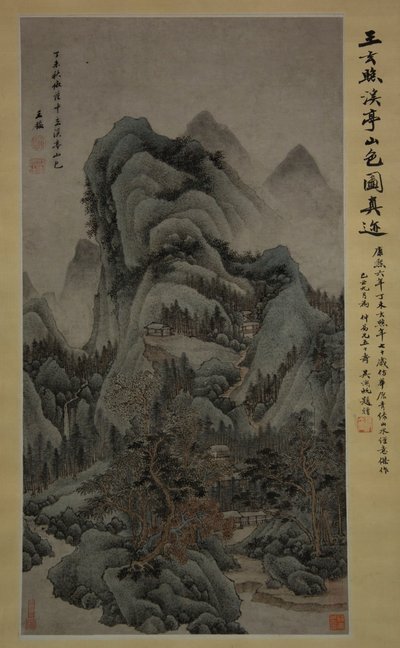 Krajobraz górski ze strumieniami i pawilonami w stylu Fan Kuana, 1667. autorstwa Wang Jian