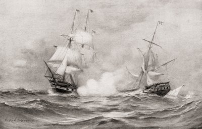 Walka pomiędzy USS Constitution i HMS Guerriere, podczas wojny 1812 roku, około 400 mil na południowy wschód od Halifax, Nowa Szkocja, z The History of Our Country, opublikowanej w 1905 roku. autorstwa Warren Sheppard