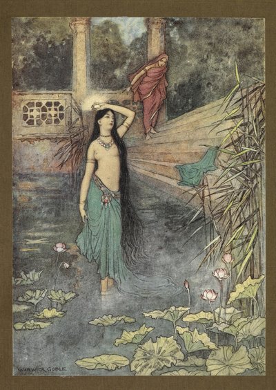 Frontispiece: „Wybiegła z pałacu… i przybyła do wyższego świata”. z Folk-Tales of Bengal ... Z 32 kolorowymi ilustracjami Warwicka Goble (Edition de luxe.) autorstwa Warwick Goble