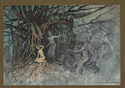 Tablica 19: „W momencie, gdy zadano pierwsze uderzenie, wiele duchów rzuciło się w kierunku Brahmana, z „Opowieści ludowych z Bengalu… Z 32 kolorowymi ilustracjami Warwicka Goble (Edition de luxe.) autorstwa Warwick Goble