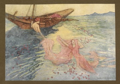 Tablica 22: „Podchodząc na powierzchnię weszli do łodzi”, z Folk-Tales of Bengal… Z 32 kolorowymi ilustracjami Warwicka Goble (Edition de luxe.) autorstwa Warwick Goble
