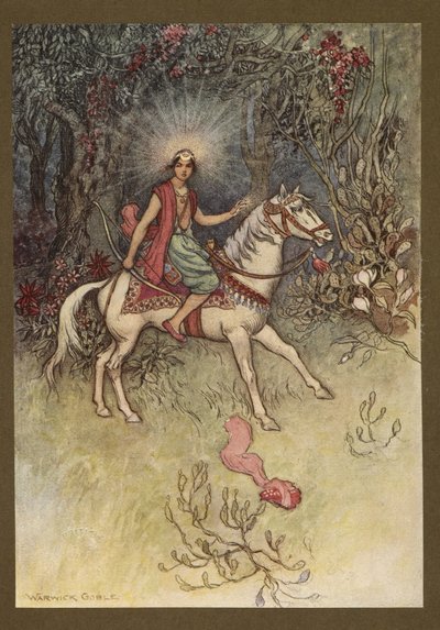 Tablica 24: „Jasne światło, jak światło Księżyca, świeciło na jego czole”, z Folk-Tales of Bengal ... Z 32 kolorowymi ilustracjami Warwicka Goble (Edition de luxe) autorstwa Warwick Goble