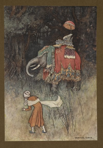 Tablica 8: „Nagle słoń przepięknie ubrany na swojej drodze”, z Folk-Tales of Bengal ... Z 32 kolorowymi ilustracjami Warwicka Goble (Edition de luxe) autorstwa Warwick Goble