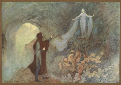 Wróżka ukazująca się księciu w grocie z Kopciuszka. autorstwa Warwick Goble