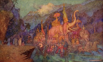 Powrót bohaterów poległych w bitwie osiemnastodniowej, ilustracja z "Indiańskich mitów i legend" Donalda A. Mackenzie, opublikowana w 1913 r. autorstwa Warwick Goble