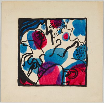 Szkic do kolorowego drzeworytu „Trzej jeźdźcy w czerwieni, błękicie i czerni” autorstwa Wassily Kandinsky
