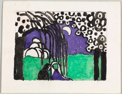 Projekt drzeworytu kolorowego „Dwie kobiety w księżycowym krajobrazie” autorstwa Wassily Kandinsky