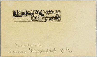 Krajobraz rzeczny z łodzią i otoczonym murami miastem autorstwa Wassily Kandinsky