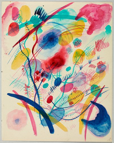 Kompozycja w kolorach czerwonym, niebieskim, zielonym i żółtym autorstwa Wassily Kandinsky