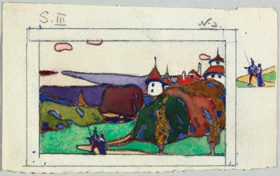 Krajobraz z parą w średniowiecznych strojach, na odwrocie: fragment przedstawiający rycerza w zbroi autorstwa Wassily Kandinsky