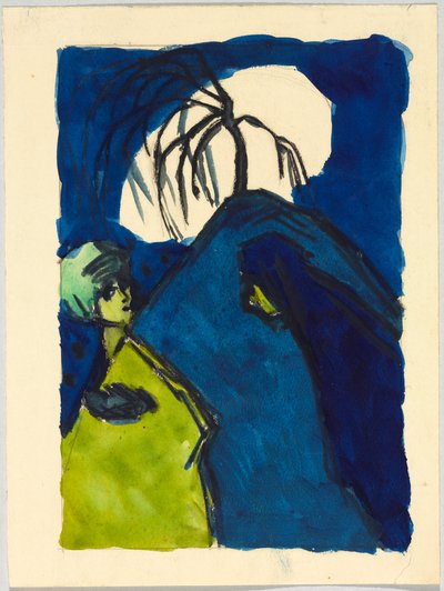 Zwei Gestalten vor Hügel mit Baum und weißer Wolke; Begegnung autorstwa Wassily Kandinsky
