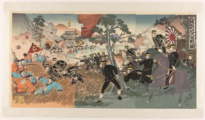 Wielka bitwa pod Jiuliancheng Kurenjo fukin daigekisen no zu (tytuł na obiekcie) autorstwa Watanabe Nobukazu