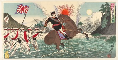 Przedstawienie bohaterskiej bitwy kapitana Matsuzakiego w bitwie pod Songhwan Seikan no eki ni oite Matsuzaki Taii yûsen no zu (tytuł na obiekcie) autorstwa Watanabe Nobukazu