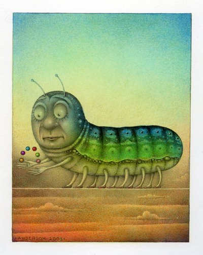 Żonglująca gąsienica, 2003 (mieszane media na tekturze) autorstwa Wayne Anderson