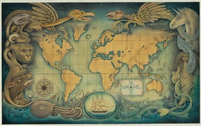 Mapa świata fantastycznych stworzeń, 2008 (mieszane media na tekturze) autorstwa Wayne Anderson