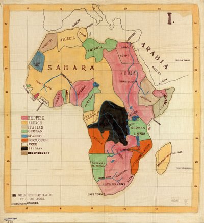 The Wells Missionary Map Co., 3612 Prairie Avenue, Chicago, wniosek dotyczący praw autorskich. Mapa z tkaniny. Pióro i atrament, ołówek, kredka i akwarela; nazwy miejsc, nazwiska w legendzie i współrzędne narysowane mechanicznie czarnym atramentem. I. Dost autorstwa Wells Missionary Map Co.