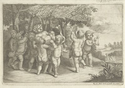 Chłopcy tworzący muzykę i tańczący noszą bachantkę autorstwa Wenceslaus Hollar (rejected attribution)