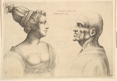 Kobieta z włosami związanymi do tyłu i łysy mężczyzna zwrócony do siebie, 1645. autorstwa Wenceslaus Hollar