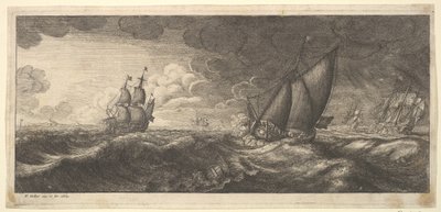 Jacht i trzy okręty wojenne podczas sztormu, 1665. autorstwa Wenceslaus Hollar