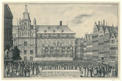 Proklamacja pokoju Munster w Antwerpii, 1648 Eygentlycke Przedstawiający sposób publikacji den Peys, pomiędzy syne Mayesteyt den Coninck van Spagnien i Heeren Staten Generael van de Vereenich[de] Nederlanden na Heerlyc autorstwa Wenceslaus Hollar