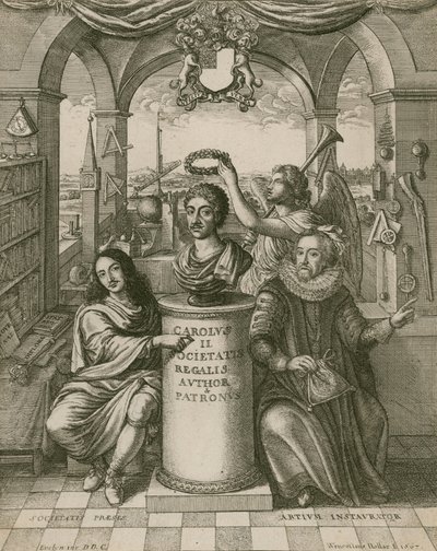 Popiersie Karola II z Lordem Brounckerem (po lewej), pierwszym prezesem Towarzystwa Królewskiego i Francisem Baconem (po prawej) autorstwa Wenceslaus Hollar