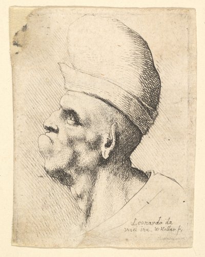 Popiersie zdeformowanego mężczyzny w bulwiastym kapeluszu z profilu po lewej, 1625-77. autorstwa Wenceslaus Hollar