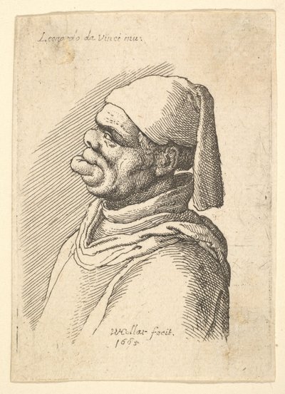Popiersie zdeformowanego mężczyzny w kapeluszu i grubej, wystającej z profilu do lewej wargi, 1625-77. autorstwa Wenceslaus Hollar
