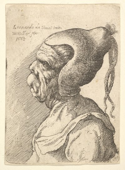 Popiersie zdeformowanej kobiety w stożkowatym kapeluszu i dwóch zwisających z profilu po lewej stronie warkoczy, 1665. autorstwa Wenceslaus Hollar