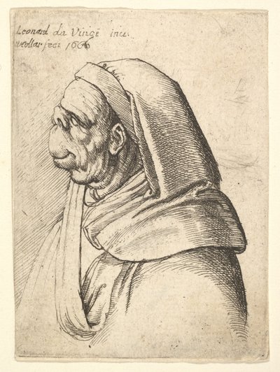 Popiersie mężczyzny z małym zadartym nosem i bardzo wysoką górną wargą, z kapturem, z profilu..., 1666. autorstwa Wenceslaus Hollar