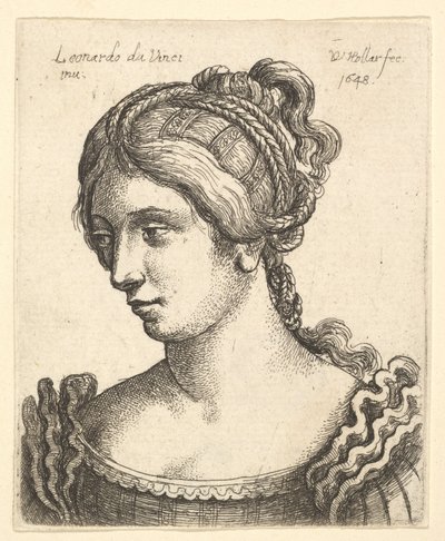 Popiersie kobiety patrzącej w dół w lewo z misternie zdobionymi włosami, 1648. autorstwa Wenceslaus Hollar