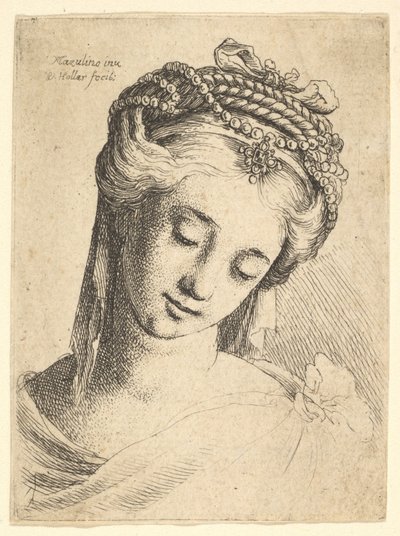 Popiersie młodej kobiety z wyszukanym nakryciem głowy, patrzącej w dół., 1625-77. autorstwa Wenceslaus Hollar