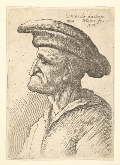 Popiersie starszego mężczyzny z nosem, który styka się z dolną wargą, noszącego szeroki kaszkiet o profilu t..., 1665. autorstwa Wenceslaus Hollar