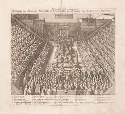 Wizerunek sesji parlamentu londyńskiego z wyroku hrabiego Stafford, ok. 1642 r. autorstwa Wenceslaus Hollar