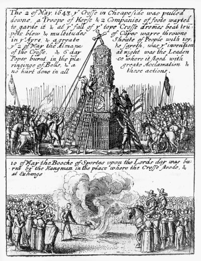 Zniszczenie Krzyża Cheapside; spalona na miejscu „Księga sportu” autorstwa Wenceslaus Hollar