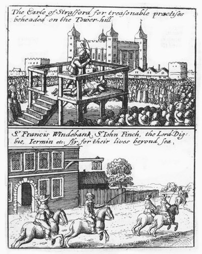 hrabia Stafford ścięty na Tower Hill; Sir Francis Windebank, Sir John Finch i Lord Digby uciekają z Anglii autorstwa Wenceslaus Hollar