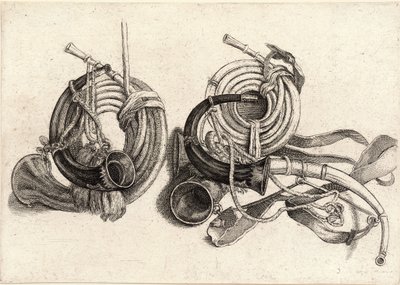 Pięć rogów myśliwskich autorstwa Wenceslaus Hollar